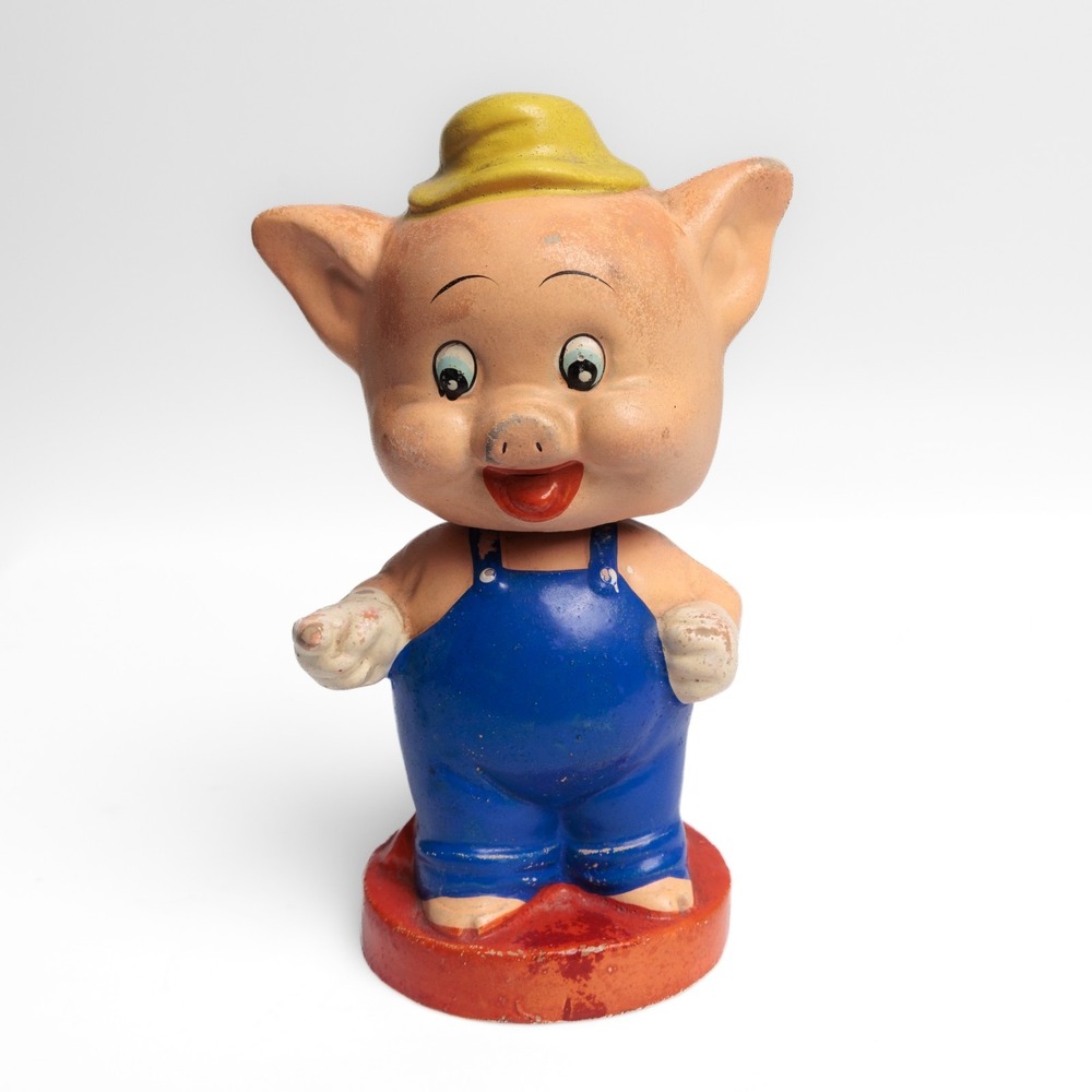 Vintage Porky Pig Figurine Paper Mache Nodder Bobblehead Japan Mid-Century
